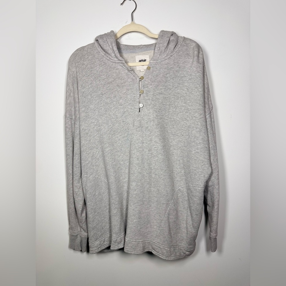 Aerie Heather Grey Henley Hoodie Soft Relaxed Fit Pullover Sm